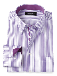 Non-Iron Cotton Stripe Dress Shirt With Contrast Trim - Purple
