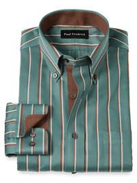 Non-Iron Cotton Stripe Dress Shirt With Contrast Trim - Pine Green