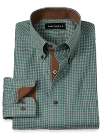 Non-Iron Cotton Check Dress Shirt With Contrast Trim - Pine Green