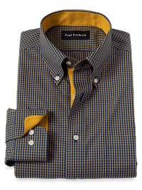 Non-Iron Cotton Check Dress Shirt With Contrast Trim - Navy/gold