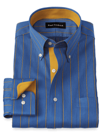 Non-Iron Cotton Stripe Dress Shirt With Contrast Trim - Navy/gold