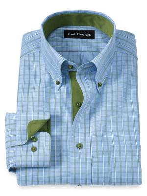 Non-Iron Cotton Windowpane Dress Shirt With Contrast Trim - Blue