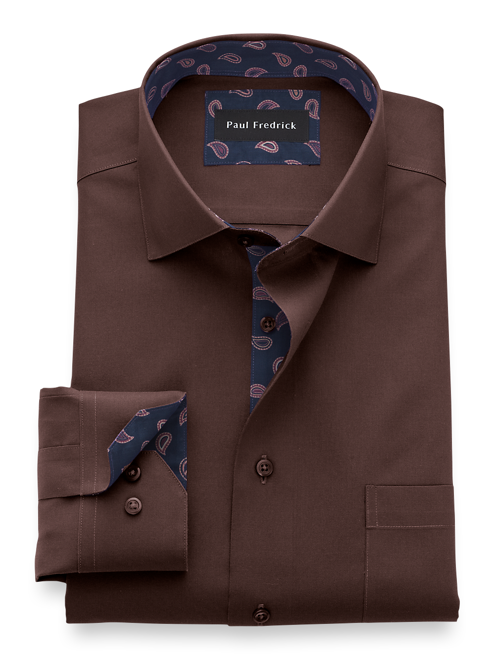 Product Image of Non-iron Cotton Solid Dress Shirt With Contrast Trim-Chocolate
