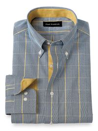 Non-Iron Cotton Glen Plaid Dress Shirt With Contrast Trim - Navy/gold