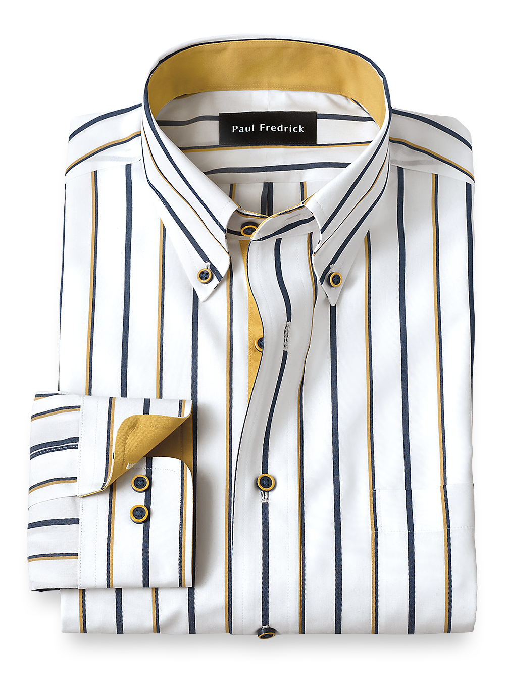 Product Image of Non-iron Cotton Stripe Dress Shirt With Contrast Trim-Navy/Gold