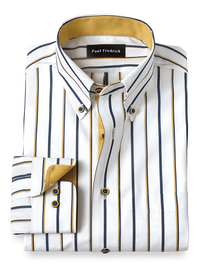 Non-Iron Cotton Stripe Dress Shirt With Contrast Trim - Navy/gold