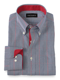 Non-Iron Cotton Glen Plaid Dress Shirt With Contrast Trim - Navy/red