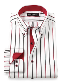 Non-Iron Cotton Stripe Dress Shirt With Contrast Trim - Black/red