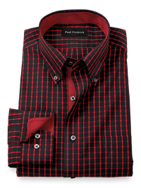 Non-Iron Cotton Check Dress Shirt With Contrast Trim - Black/red