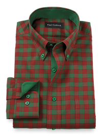 Non-Iron Cotton Gingham Dress Shirt With Contrast Trim - Green/rust