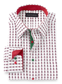 Non-Iron Cotton Christmas Tree Dress Shirt With Contrast Trim - Red/green