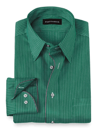Non-Iron Cotton Stripe Dress Shirt With Contrast Trim - Green