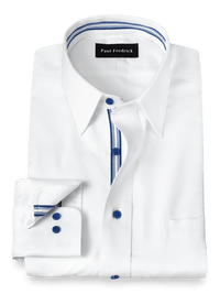 Non-Iron Cotton Solid Dress Shirt With Contrast Trim - White/cobalt