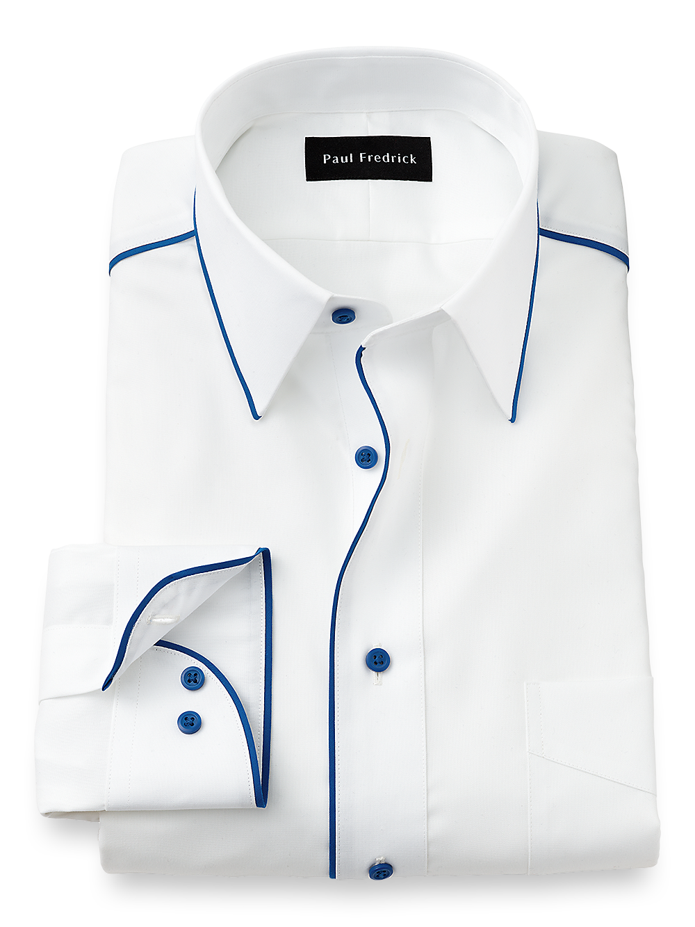 Product Image of Non-iron Cotton Solid Dress Shirt With Contrast Trim-White/Cobalt