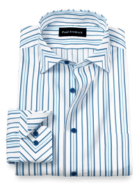 Non-Iron Cotton Stripe Dress Shirt With Contrast Trim - Blue