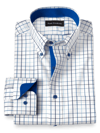 Non-Iron Cotton Tattersall Dress Shirt With Contrast Trim - Blue