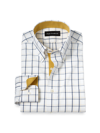 Non-Iron Cotton Windowpane Dress Shirt With Contrast Trim - Navy/gold