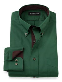 Non-Iron Cotton Solid Dress Shirt With Contrast Trim - Green