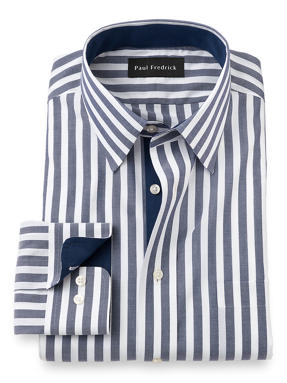 Product Image of Non-iron Cotton Stripe Dress Shirt With Contrast Trim-Navy