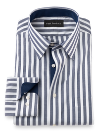 Non-Iron Cotton Stripe Dress Shirt With Contrast Trim - Navy