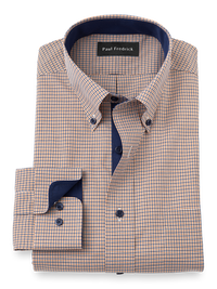 Non-Iron Cotton Check Dress Shirt With Contrast Trim - Navy/gold
