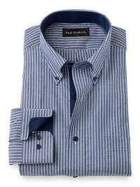 Non-Iron Cotton Stripe Dress Shirt With Contrast Trim - Navy