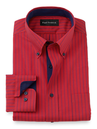 Non-Iron Cotton Stripe Dress Shirt With Contrast Trim - Red