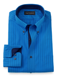 Non-Iron Cotton Stripe Dress Shirt With Contrast Trim - Blue