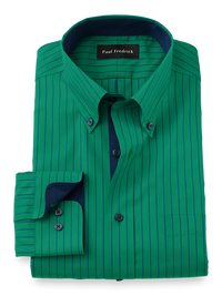 Non-Iron Cotton Stripe Dress Shirt With Contrast Trim - Green