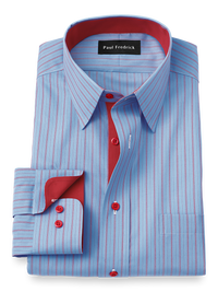 Non-Iron Cotton Stripe Dress Shirt With Contrast Trim - Blue/red