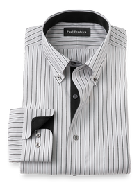Non-Iron Cotton Stripe Dress Shirt With Contrast Trim - Grey/black
