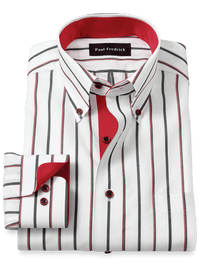 Non-Iron Cotton Stripe Dress Shirt With Contrast Trim - Black/red