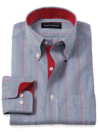 Non-Iron Cotton Glen Plaid Dress Shirt With Contrast Trim - Navy/red
