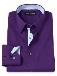 Non-Iron Cotton Solid Dress Shirt With Contrast Trim - Purple