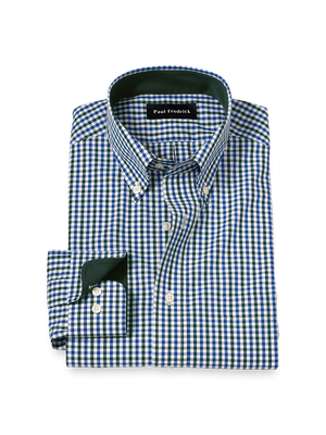 Non-Iron Cotton Gingham Dress Shirt With Contrast Trim - Blue/green