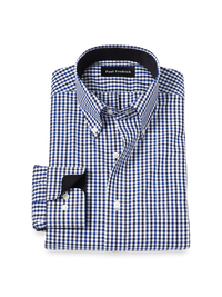 Non-Iron Cotton Gingham Dress Shirt With Contrast Trim - Blue/black