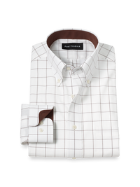 Non-Iron Cotton Windowpane Dress Shirt With Contrast Trim - Brown