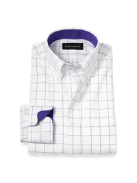 Non-Iron Cotton Windowpane Dress Shirt With Contrast Trim - Purple
