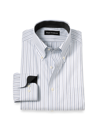 Non-Iron Cotton Stripe Dress Shirt With Contrast Trim - Grey/white