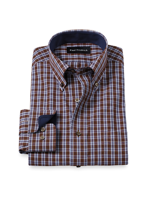 Non-Iron Cotton Plaid Dress Shirt With Contrast Trim - Brown/blue