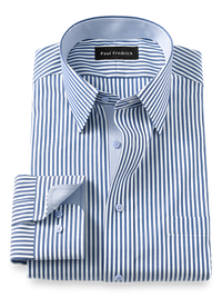 Non-Iron Cotton Stripe Dress Shirt With Contrast Trim - Cobalt