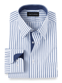 Non-Iron Cotton Stripe Dress Shirt With Contrast Trim - Blue