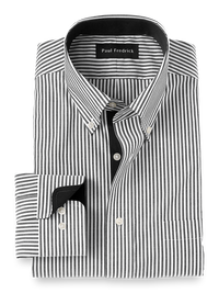 Non-Iron Cotton Stripe Dress Shirt With Contrast Trim - Black