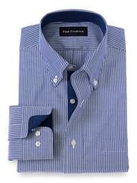 Non-Iron Cotton Stripe Dress Shirt With Contrast Trim - Blue