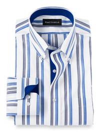 Non-Iron Cotton Stripe Dress Shirt With Contrast Trim - Blue