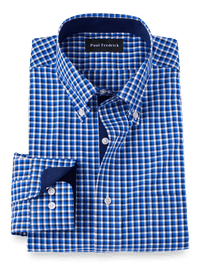 Non-Iron Cotton Check Dress Shirt With Contrast Trim - Cobalt