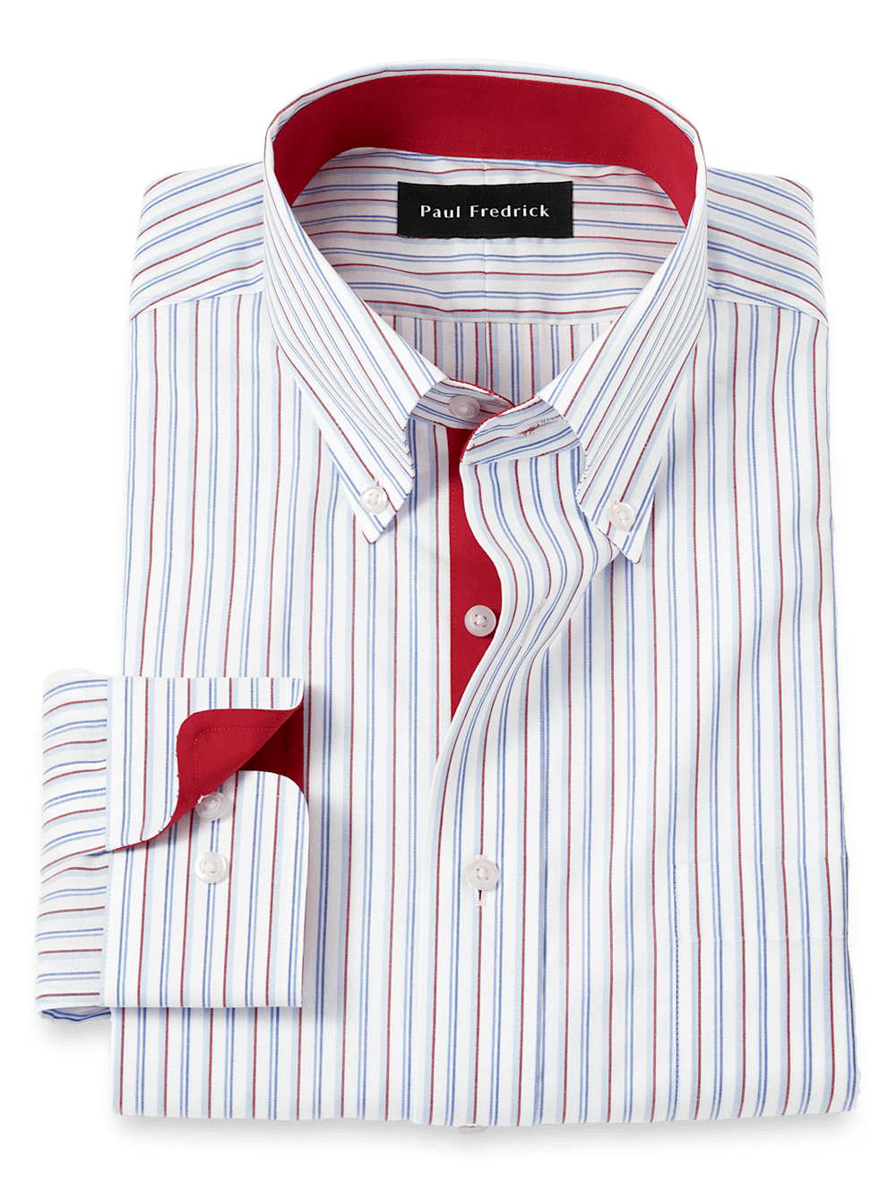 Product Image of Non-iron Cotton Stripe Dress Shirt With Contrast Trim-Blue/Red