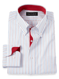 Non-Iron Cotton Stripe Dress Shirt With Contrast Trim - Blue/red