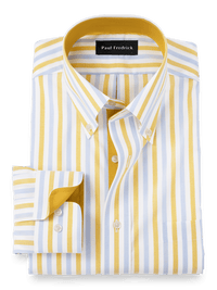 Non-Iron Cotton Stripe Dress Shirt With Contrast Trim - Blue/yellow