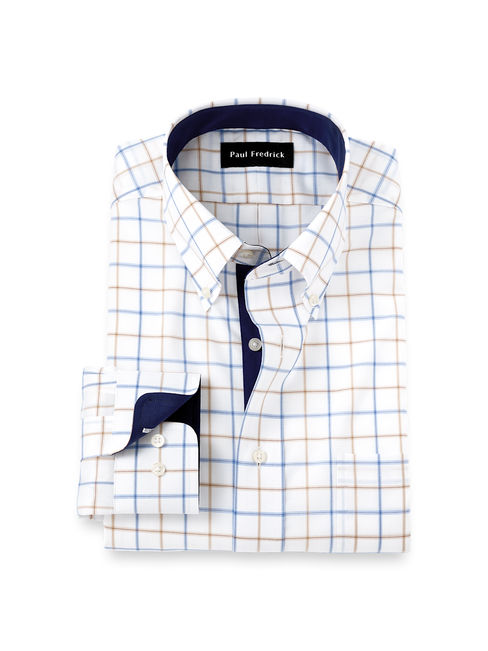Product Image of Non-iron Cotton Check Dress Shirt With Contrast Trim-Blue/Tan